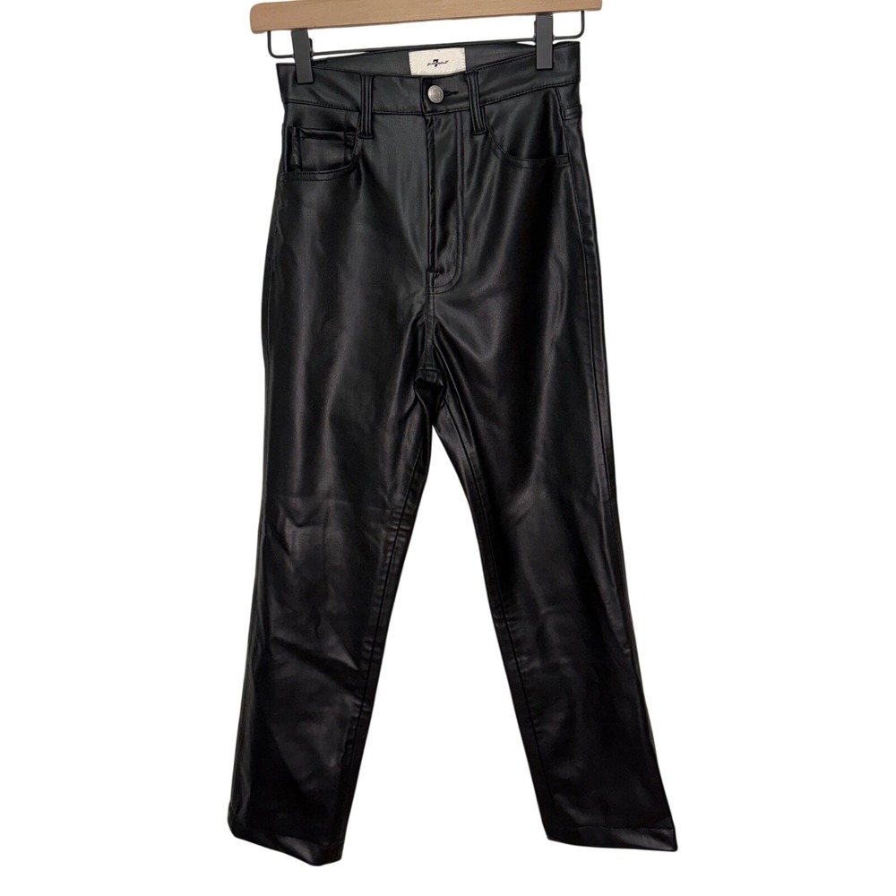 7 For All Mankind Faux Leather Pants Black High Waisted Straight Leg Womens 24